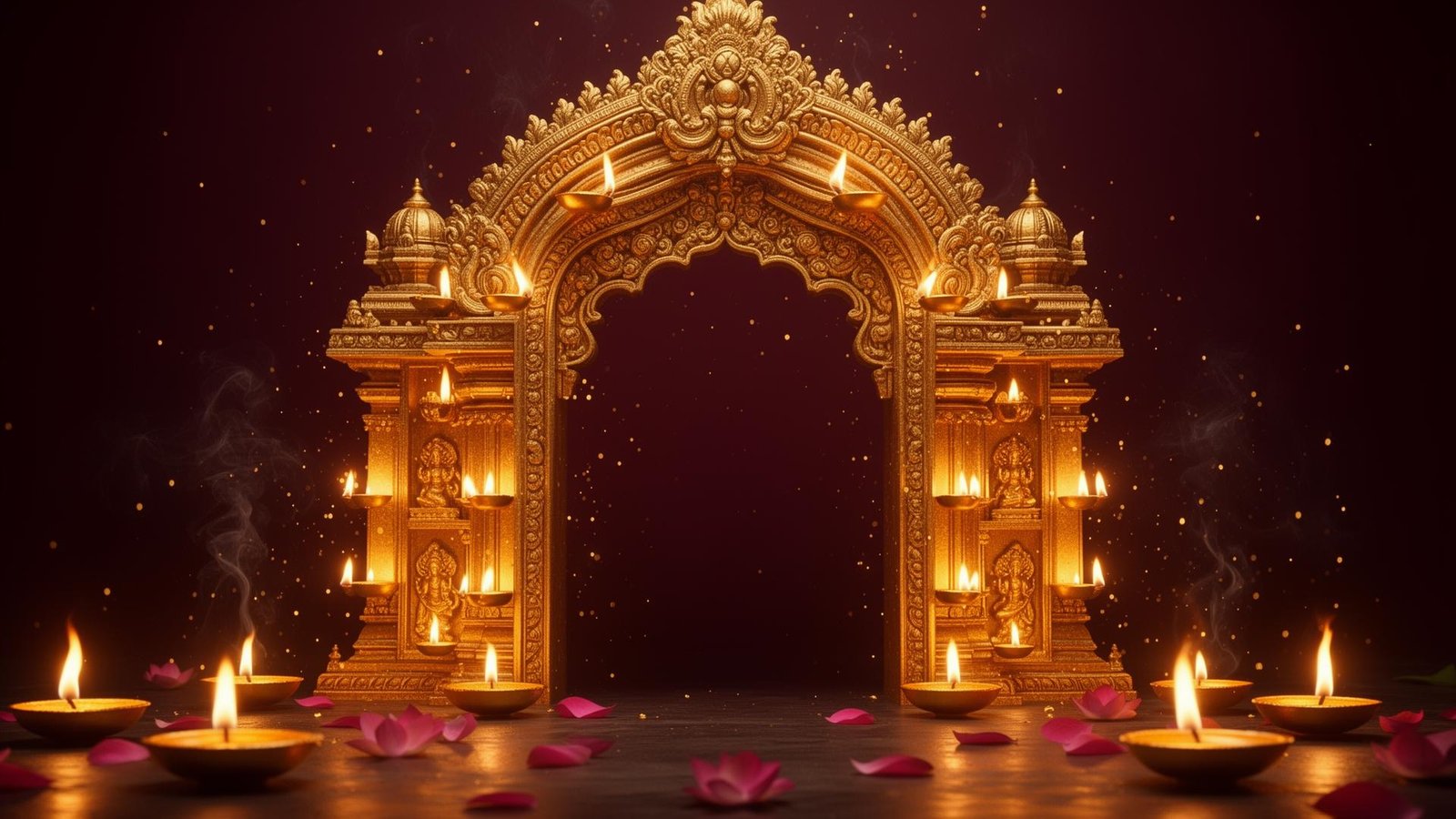Glowing virtual temple arch with diyas